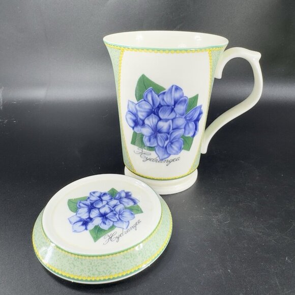 Saint James Hankook Super Strong Porcelain Mug Cup W Lid Coaster Hydrangea Mug - Picture 9 of 14